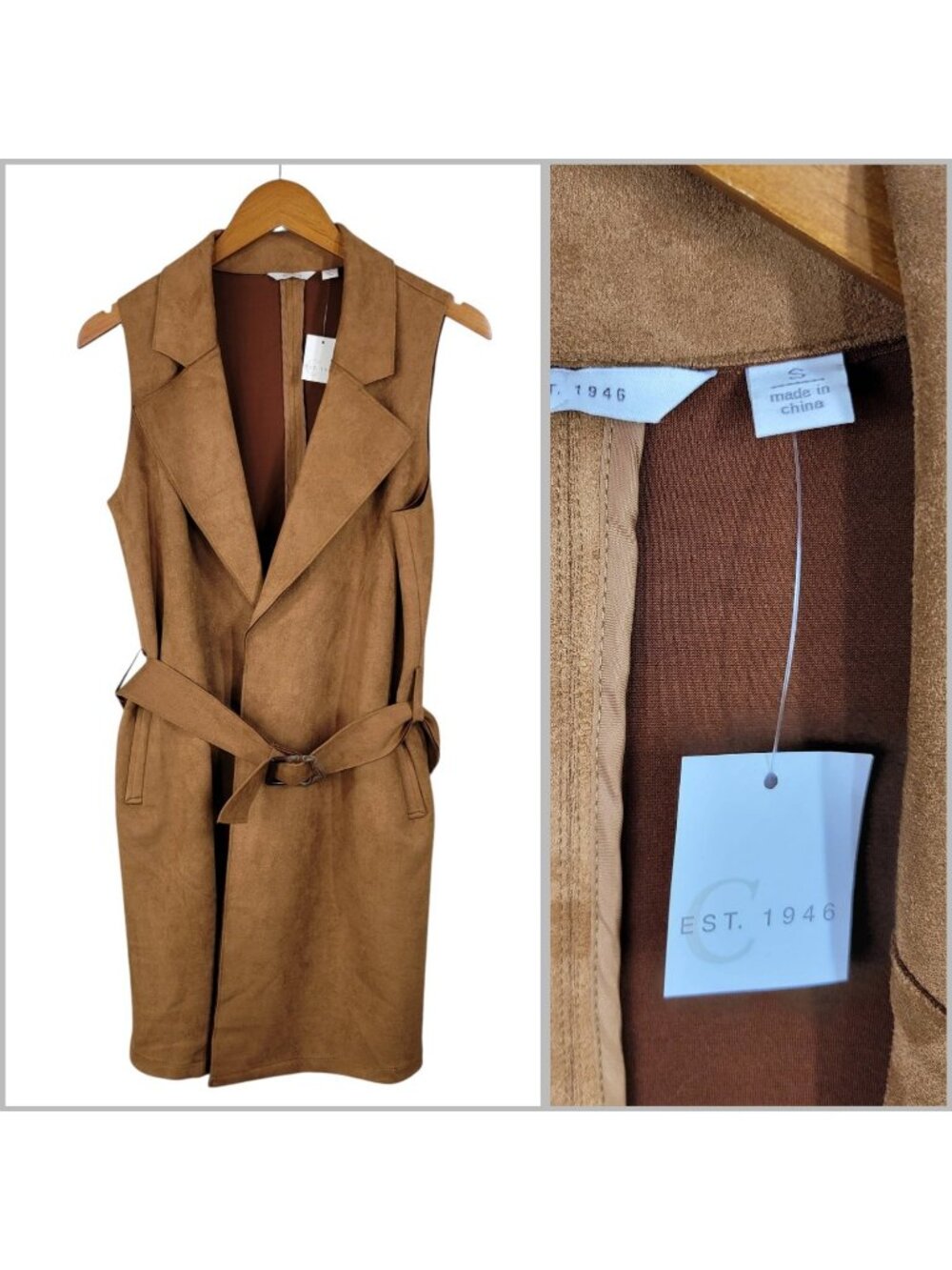 NEW Dressbarn Vest Small 70s Retro Long Waistcoat Faux Suede Leather Belted